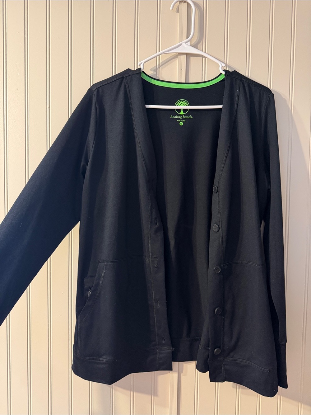 Healing Hands Black Button-Front Scrub Jacket with Green Trim